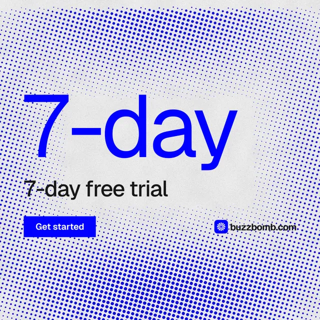 Instagram post for BuzzBomb: "One launch. A week of posts." Swiss style, stat layout, light palette in blue, white.