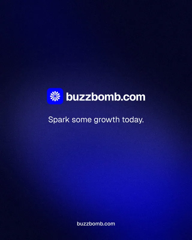 Instagram portrait post for BuzzBomb: "Spark some growth today." Swiss style, end card layout, dark palette in black, blue.
