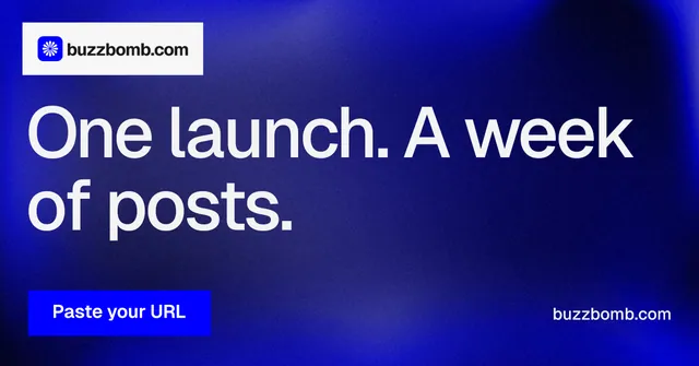 Social ad for BuzzBomb: "One launch. A week of posts." Swiss style, poster layout, dark palette in blue.