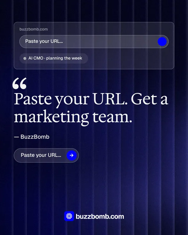 Instagram portrait post for BuzzBomb: "Get a marketing team." Agentic glass style, quote layout, dark palette in blue, black, grey.