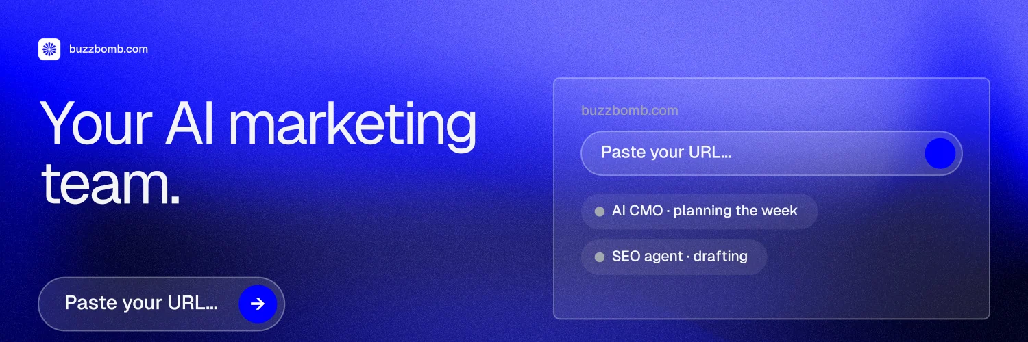 X header for BuzzBomb: "Your AI marketing team." Agentic glass style, bottom layout, dark palette in blue.