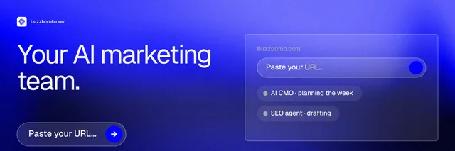 X header for BuzzBomb: "Your AI marketing team." Agentic glass style, bottom layout, dark palette in blue.