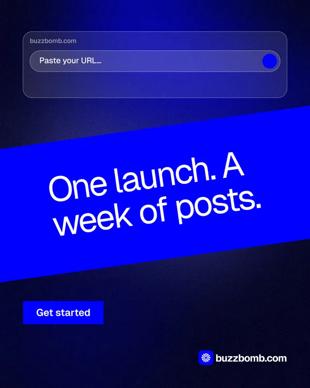 Instagram portrait post for BuzzBomb: "One launch. A week of posts." Swiss style, diagonal layout, dark palette in blue.