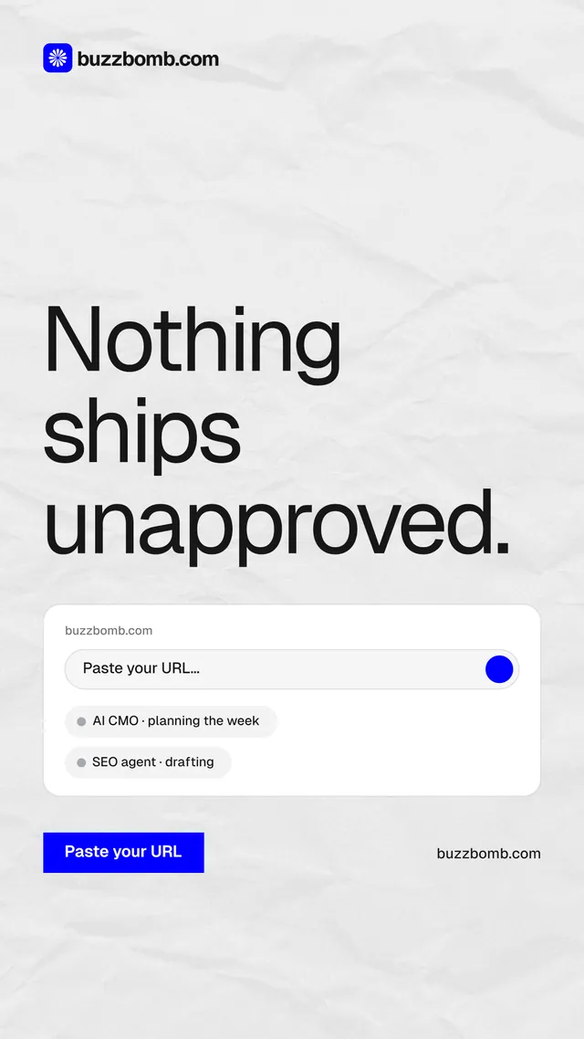 Instagram story for BuzzBomb: "Nothing ships unapproved." Swiss style, poster layout, light palette in white, grey.