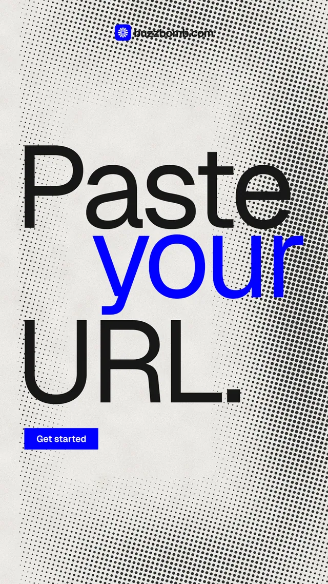 Instagram story for BuzzBomb: "Paste your URL." Swiss style, stacked layout, light palette in grey, white.