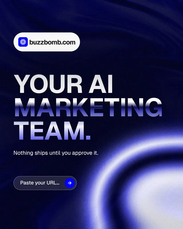 Instagram portrait post for BuzzBomb: "Your AI marketing team." Agentic glass style, announce layout, dark palette in black, blue.