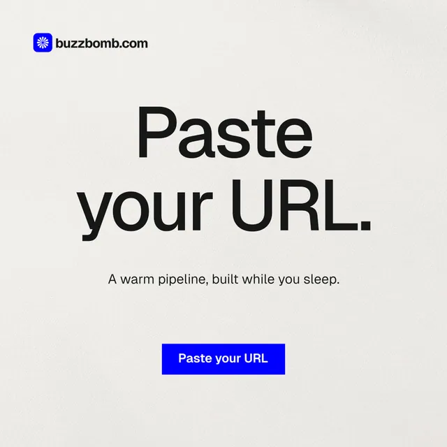 Instagram post for BuzzBomb: "Paste your URL." Swiss style, centred layout, light palette in white, grey.