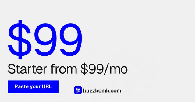Social ad for BuzzBomb: "Distribution, solved." Swiss style, stat layout, light palette in white, blue.