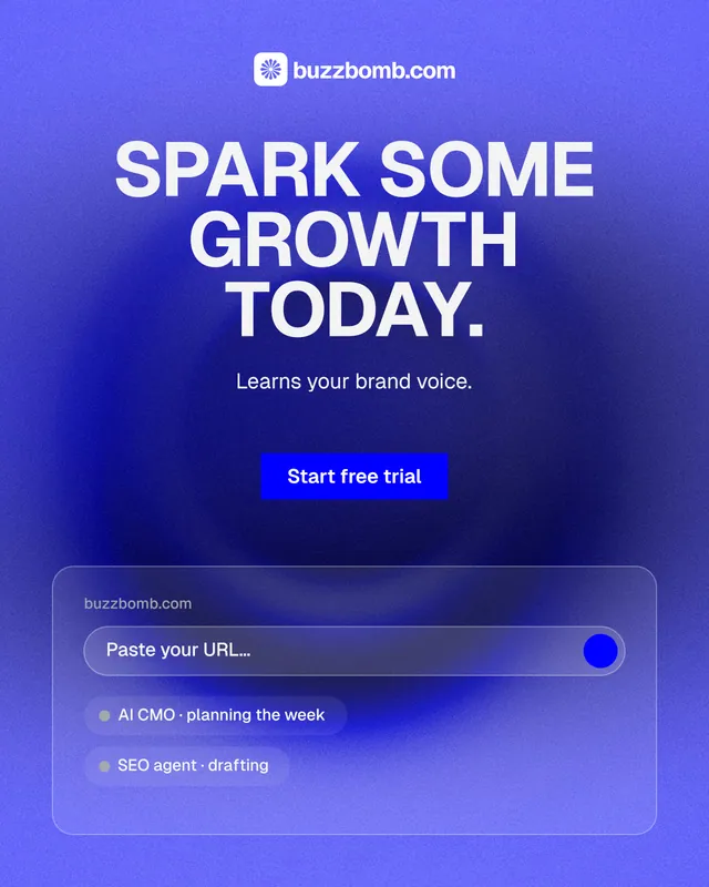 Instagram portrait post for BuzzBomb: "Spark some growth today." Swiss style, centred layout, dark palette in blue.