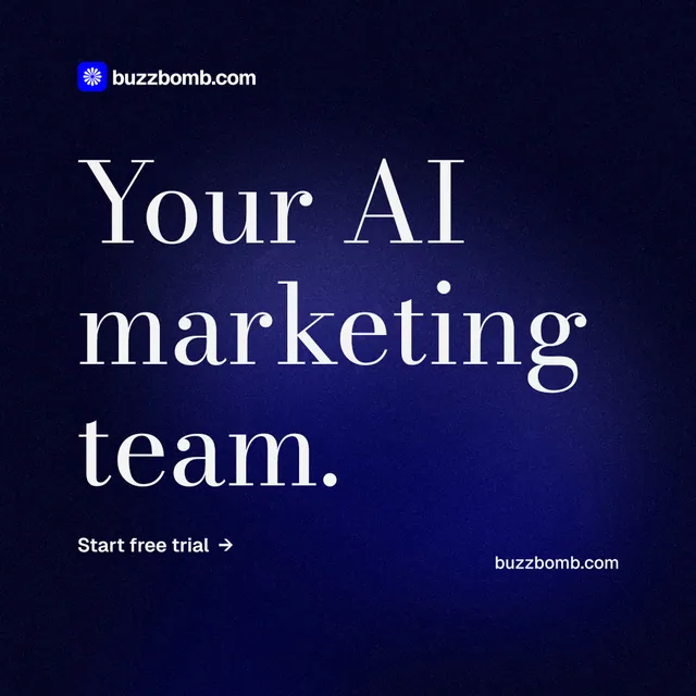Instagram post for BuzzBomb: "Your AI marketing team." Minimal luxury style, poster layout, dark palette in black, blue.