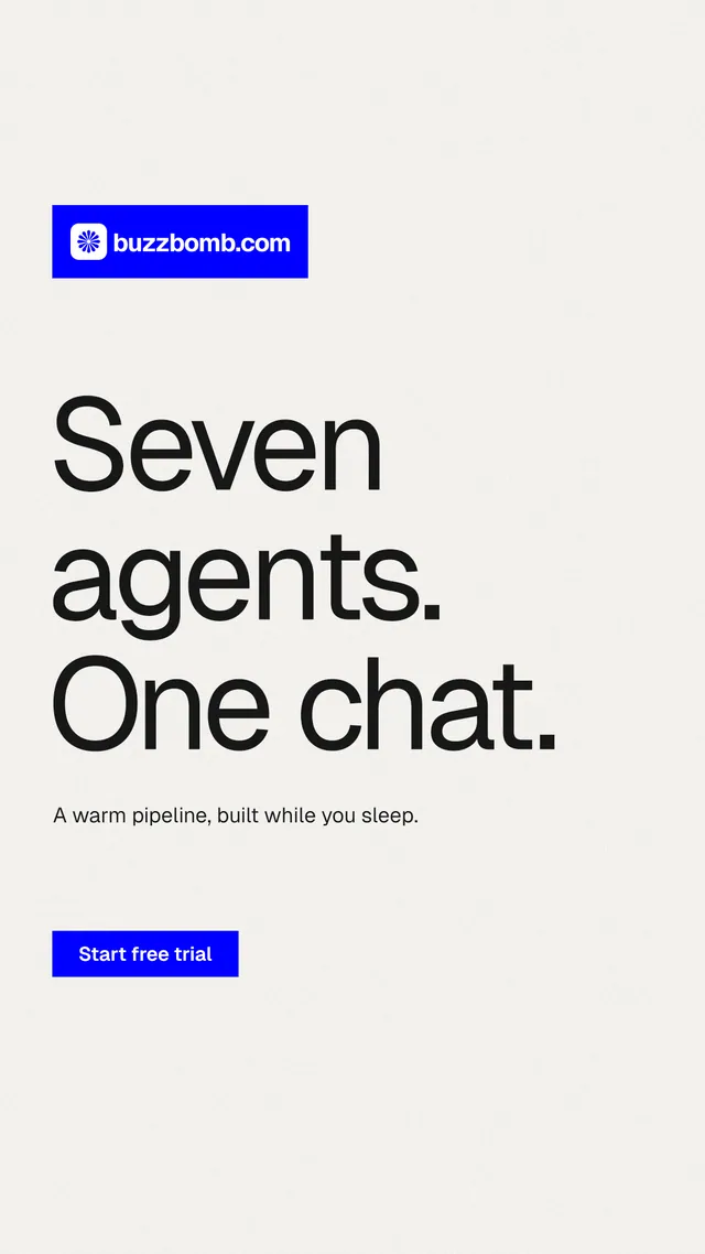 Instagram story for BuzzBomb: "Seven agents. One chat." Swiss style, announce layout, light palette in white, blue.