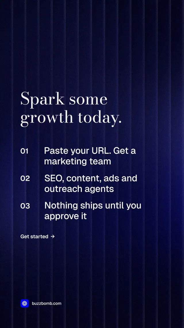 Instagram story for BuzzBomb: "Spark some growth today." Minimal luxury style, numbered layout, dark palette in black, blue.