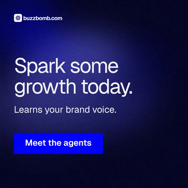 Instagram post for BuzzBomb: "Spark some growth today." Swiss style, skeleton layout, dark palette in blue, black.