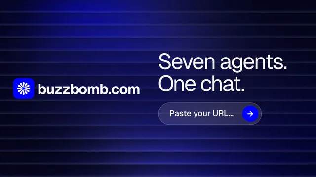Landscape graphic for BuzzBomb: "Seven agents. One chat." Agentic glass style, logo hero layout, dark palette in black, blue.