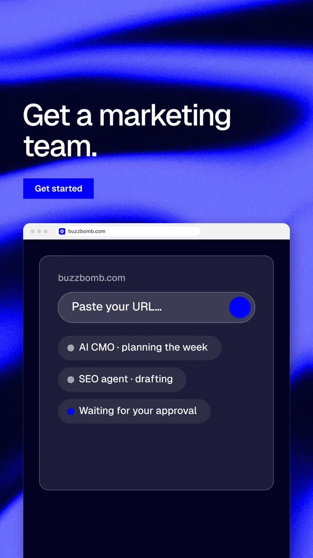 Instagram story for BuzzBomb: "Get a marketing team." Swiss style, browser layout, dark palette in blue, black.