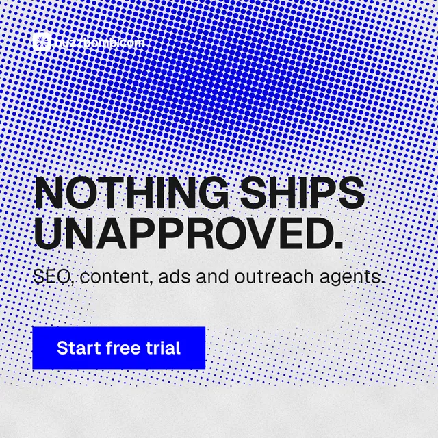 Instagram post for BuzzBomb: "Nothing ships unapproved." Swiss style, skeleton layout, light palette in blue, white.