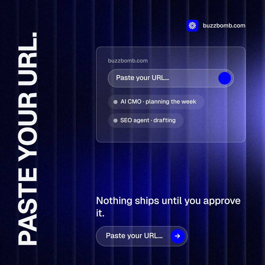 Instagram post for BuzzBomb: "Paste your URL." Agentic glass style, vertical layout, dark palette in black, blue.