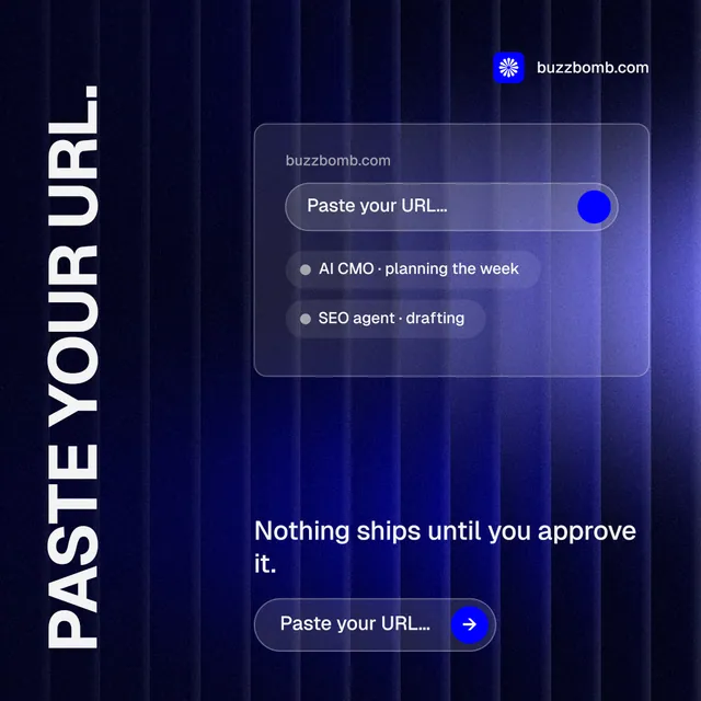 Instagram post for BuzzBomb: "Paste your URL." Agentic glass style, vertical layout, dark palette in black, blue.