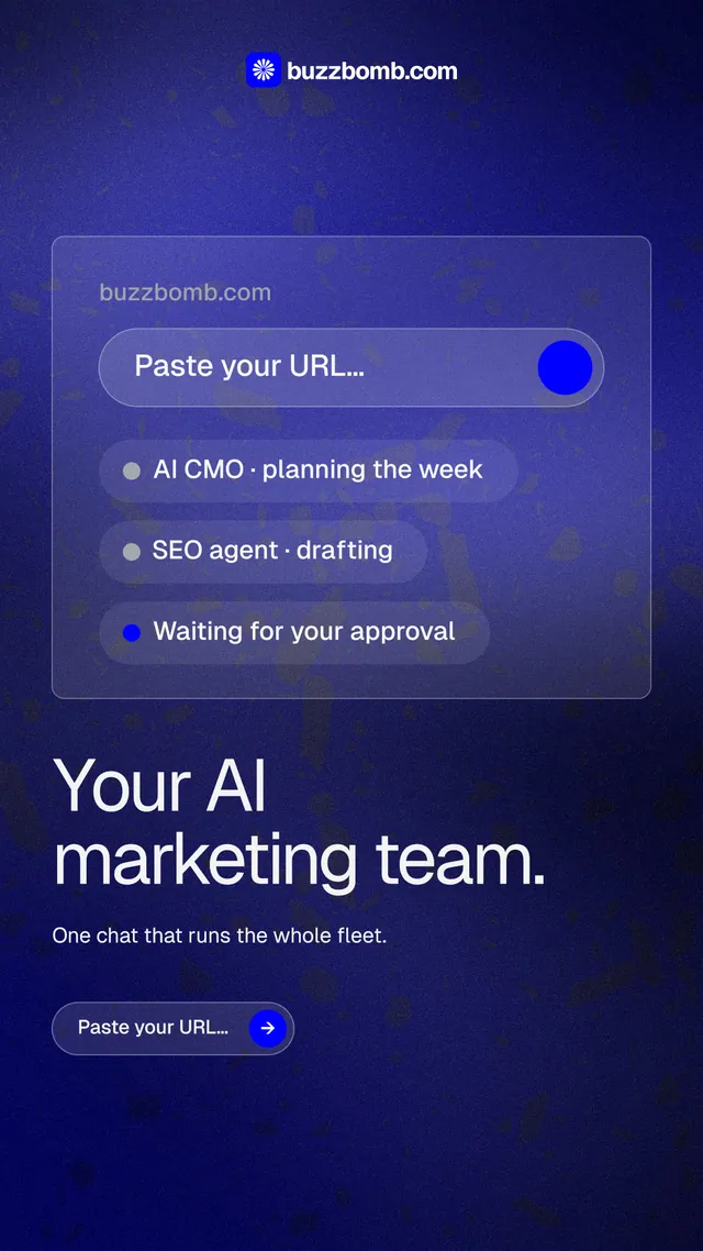 Instagram story for BuzzBomb: "Your AI marketing team." Agentic glass style, bottom layout, dark palette in blue.