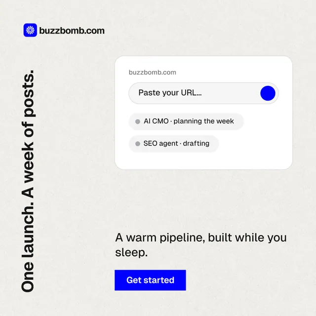 Instagram post for BuzzBomb: "One launch. A week of posts." Swiss style, vertical layout, light palette in white.