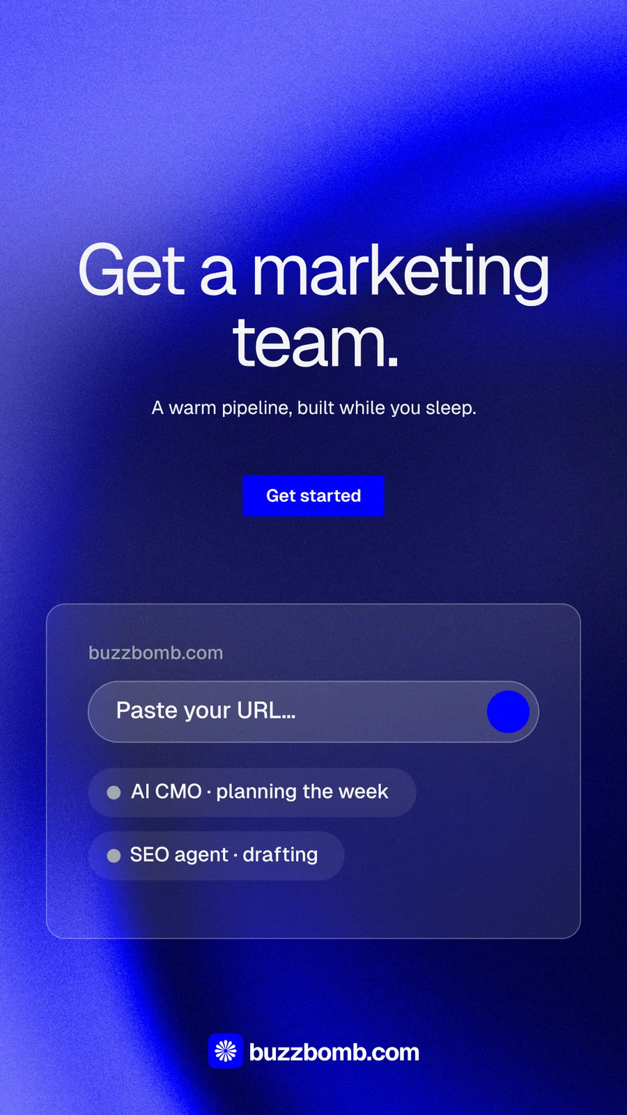 Instagram story for BuzzBomb: "Get a marketing team." Swiss style, centred layout, dark palette in blue.
