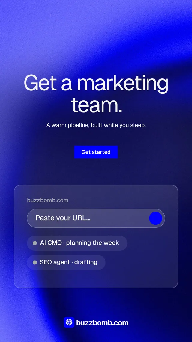 Instagram story for BuzzBomb: "Get a marketing team." Swiss style, centred layout, dark palette in blue.