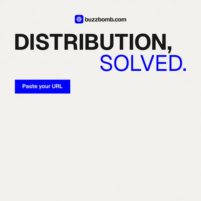 Instagram post for BuzzBomb: "Distribution, solved." Swiss style, stacked layout, light palette in white, blue.