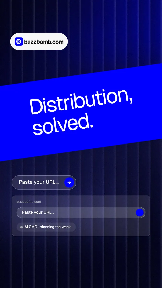 Instagram story for BuzzBomb: "Distribution, solved." Agentic glass style, diagonal layout, dark palette in black, blue.