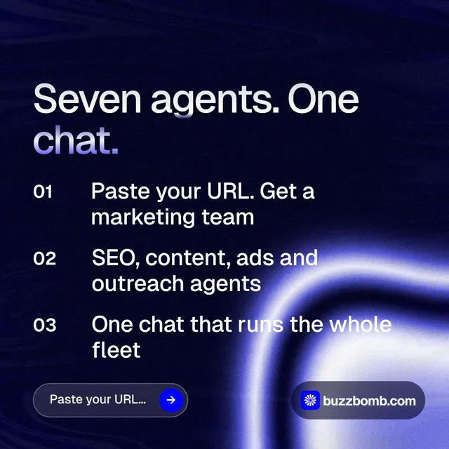 Instagram post for BuzzBomb: "Seven agents. One chat." Agentic glass style, numbered layout, dark palette in black, blue.
