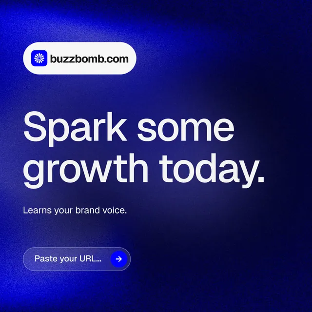 Instagram post for BuzzBomb: "Spark some growth today." Agentic glass style, announce layout, dark palette in blue.