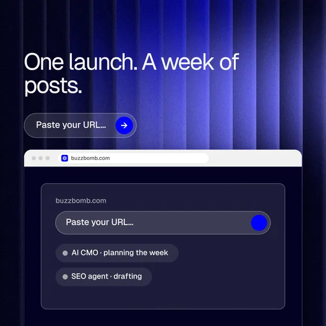 Instagram post for BuzzBomb: "One launch. A week of posts." Agentic glass style, browser layout, dark palette in black, blue.