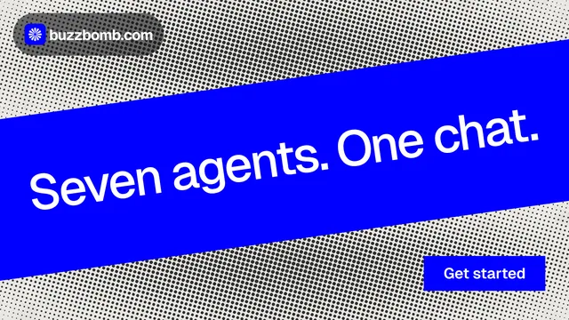 Landscape graphic for BuzzBomb: "Seven agents. One chat." Swiss style, diagonal layout, dark palette in blue, grey.