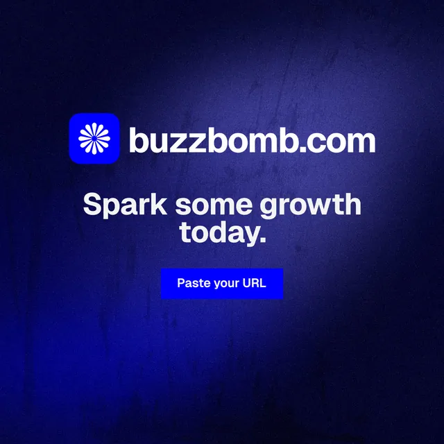 Instagram post for BuzzBomb: "Spark some growth today." Swiss style, logo hero layout, dark palette in black, blue.