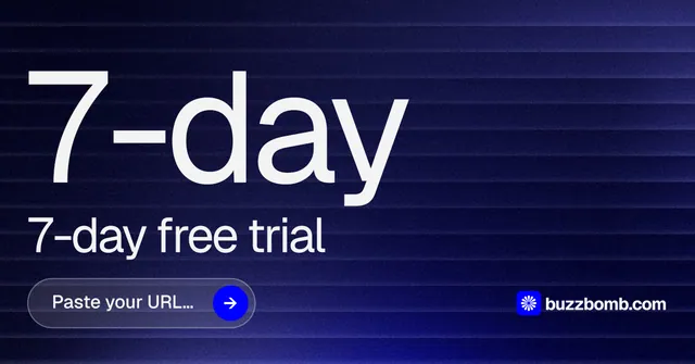 Social ad for BuzzBomb: "Get a marketing team." Agentic glass style, stat layout, dark palette in blue, black, grey.