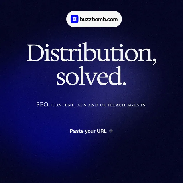 Instagram post for BuzzBomb: "Distribution, solved." Agentic glass style, smallcaps layout, dark palette in blue, black.