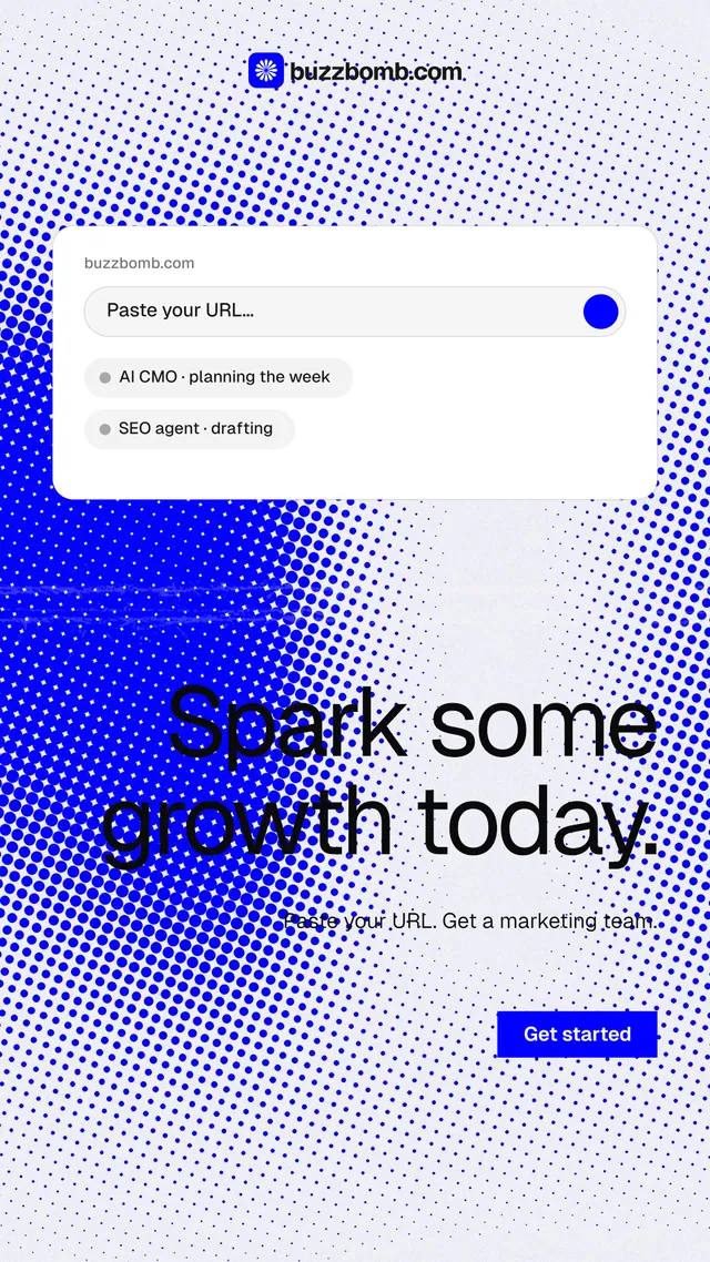 Instagram story for BuzzBomb: "Spark some growth today." Swiss style, right layout, light palette in white, blue.