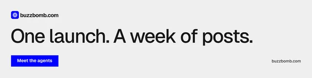 LinkedIn banner for BuzzBomb: "One launch. A week of posts." Swiss style, poster layout, light palette in white, grey.