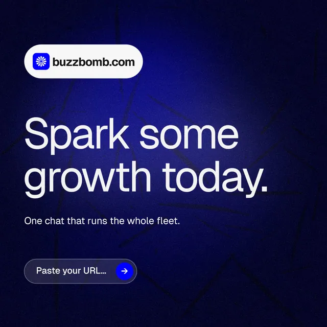 Instagram post for BuzzBomb: "Spark some growth today." Agentic glass style, announce layout, dark palette in black, blue.