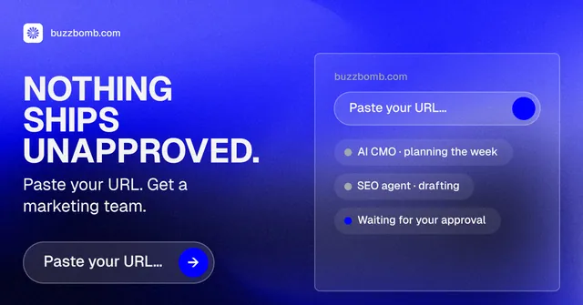 Social ad for BuzzBomb: "Nothing ships unapproved." Agentic glass style, bottom layout, dark palette in blue.