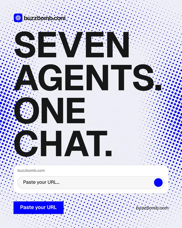 Instagram portrait post for BuzzBomb: "Seven agents. One chat." Swiss style, poster layout, light palette in blue, white, grey.