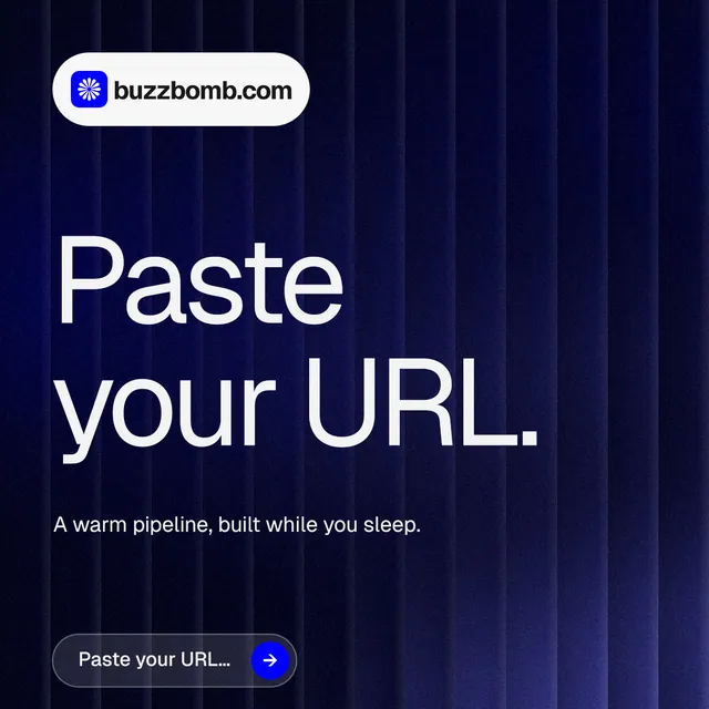 Instagram post for BuzzBomb: "Paste your URL." Agentic glass style, announce layout, dark palette in blue, black, grey.