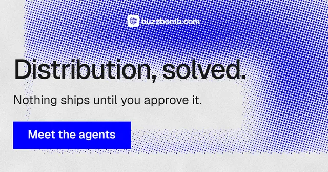 Social ad for BuzzBomb: "Distribution, solved." Swiss style, skeleton layout, light palette in blue, white.