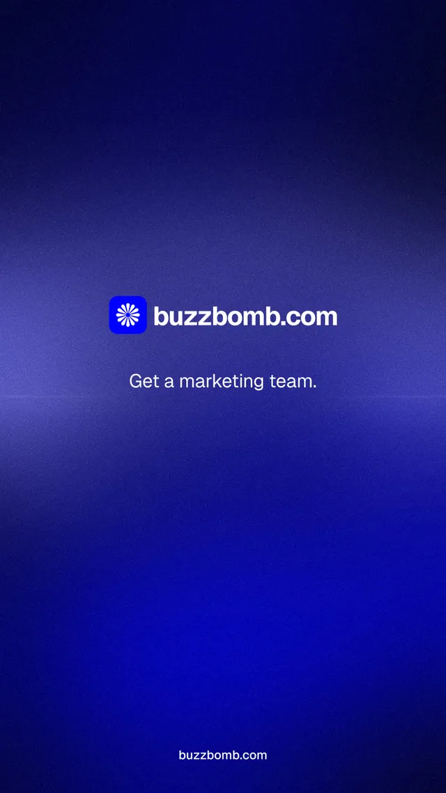 Instagram story for BuzzBomb: "Get a marketing team." Agentic glass style, end card layout, dark palette in blue.
