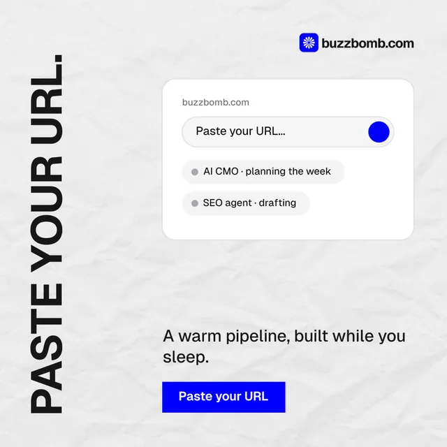Instagram post for BuzzBomb: "Paste your URL." Swiss style, vertical layout, light palette in white, blue.