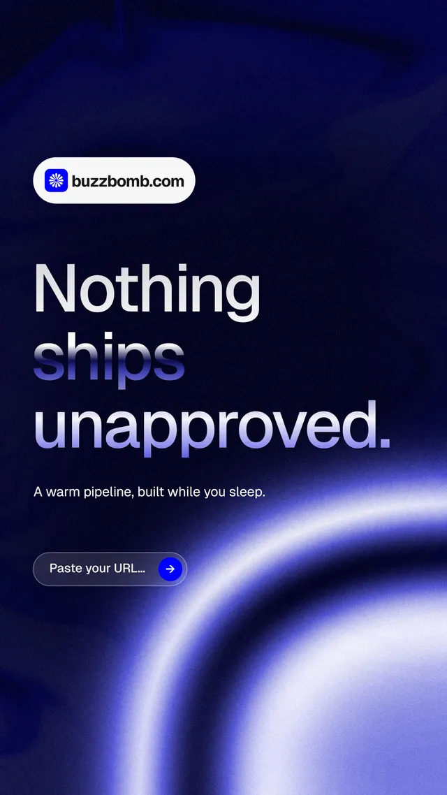 Instagram story for BuzzBomb: "Nothing ships unapproved." Agentic glass style, announce layout, dark palette in blue, black.