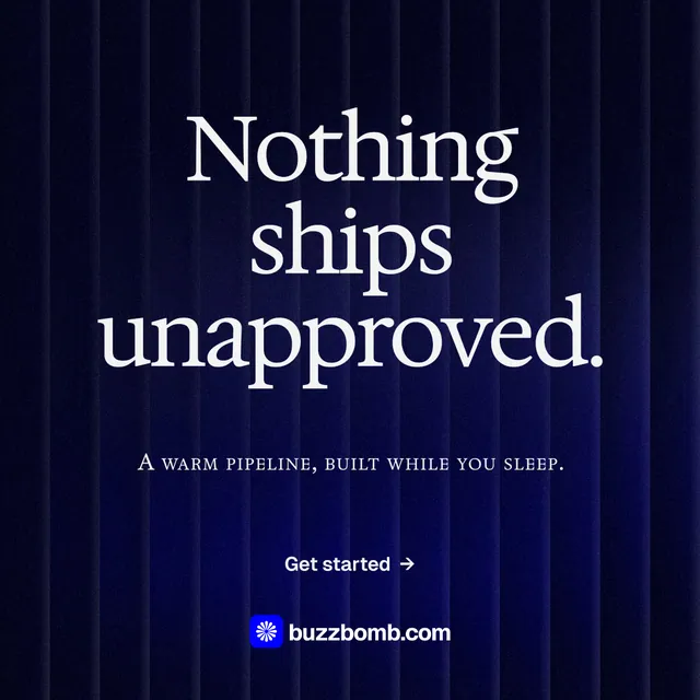 Instagram post for BuzzBomb: "Nothing ships unapproved." Agentic glass style, smallcaps layout, dark palette in black, blue, grey.