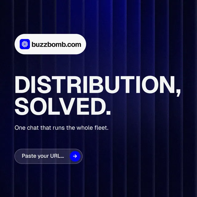 Instagram post for BuzzBomb: "Distribution, solved." Agentic glass style, announce layout, dark palette in black, blue, grey.