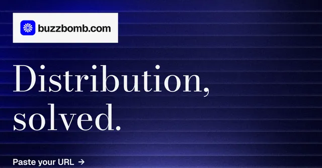 Social ad for BuzzBomb: "Distribution, solved." Minimal luxury style, announce layout, dark palette in blue, black, grey.