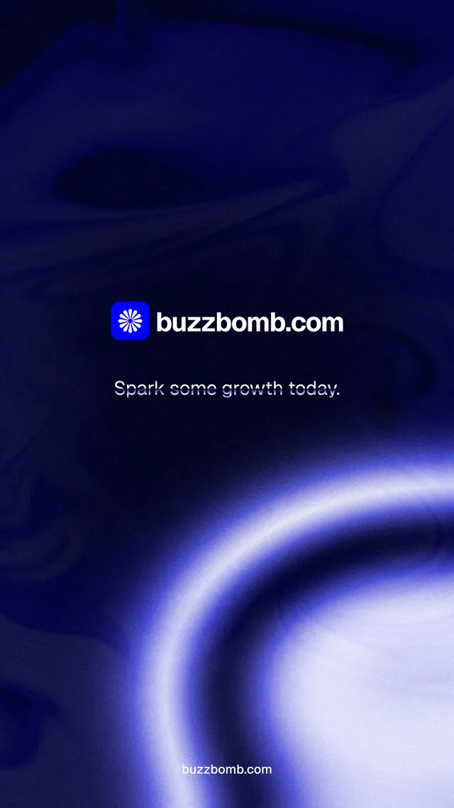 Instagram story for BuzzBomb: "Spark some growth today." Agentic glass style, end card layout, dark palette in blue, black.