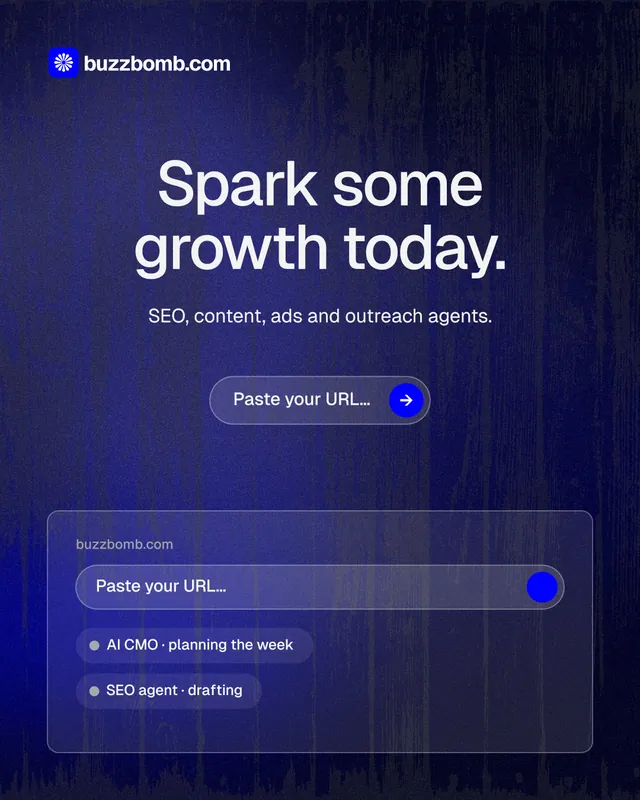 Instagram portrait post for BuzzBomb: "Spark some growth today." Agentic glass style, centred layout, dark palette in black, blue.